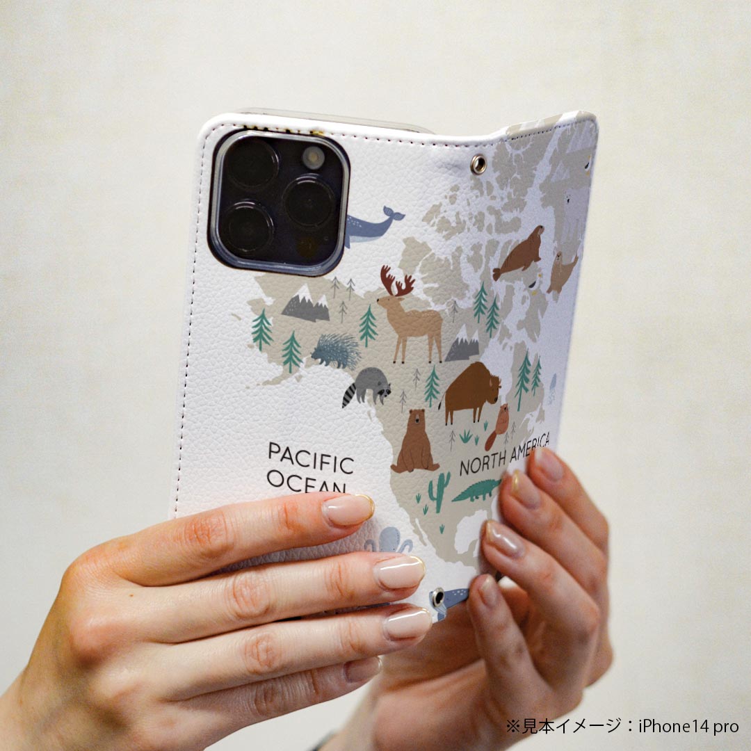 S25 Ultra 用 スマホカバー SC-52F / SCG32 共通対応 ケース カバー 手帳型 マグネット式 ピタッと閉まる レザーケース カード収納 ポケット 019962 north america map 動物 地図
