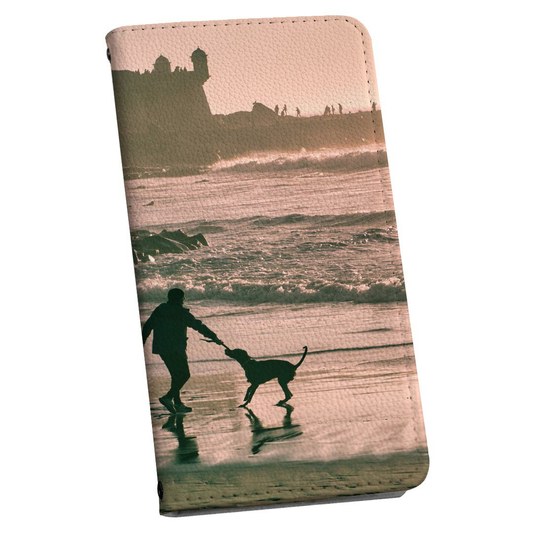 らくらくスマートフォン a A401FC 用 ケース カバー 手帳型 マグネット式 ピタッと閉まる レザーケース a401fc カード収納 ポケット igcase 022951 海　人物　犬　散歩