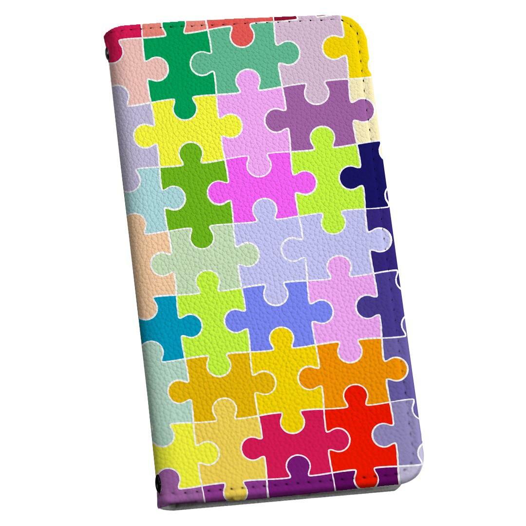 AQUOS wish2 / wish 用 手帳型 ケース カバー SH-51C / SHG06 / A104SH / SH-M20 共通対応 ケース カバー 手帳型 マグネット式 ピタッと閉まる レザーケース カード収納 ポケット 004941 パズル　カラフル　ポップ