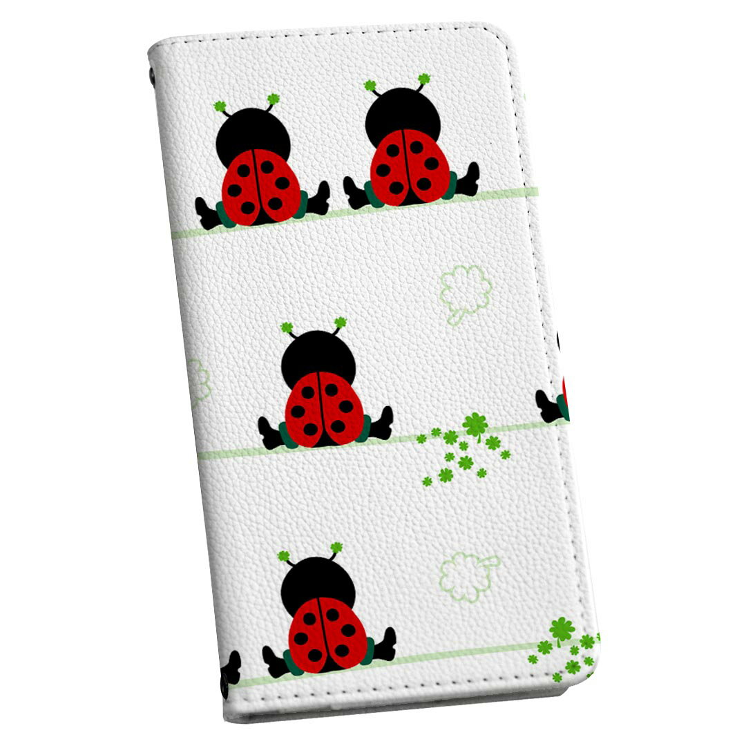 AQUOS wish2 / wish 用 手帳型 ケース カバー SH-51C / SHG06 / A104SH / SH-M20 共通対応 ケース カバー 手帳型 マグネット式 ピタッと閉まる レザーケース カード収納 ポケット 005114 てんとう虫　イラスト　白