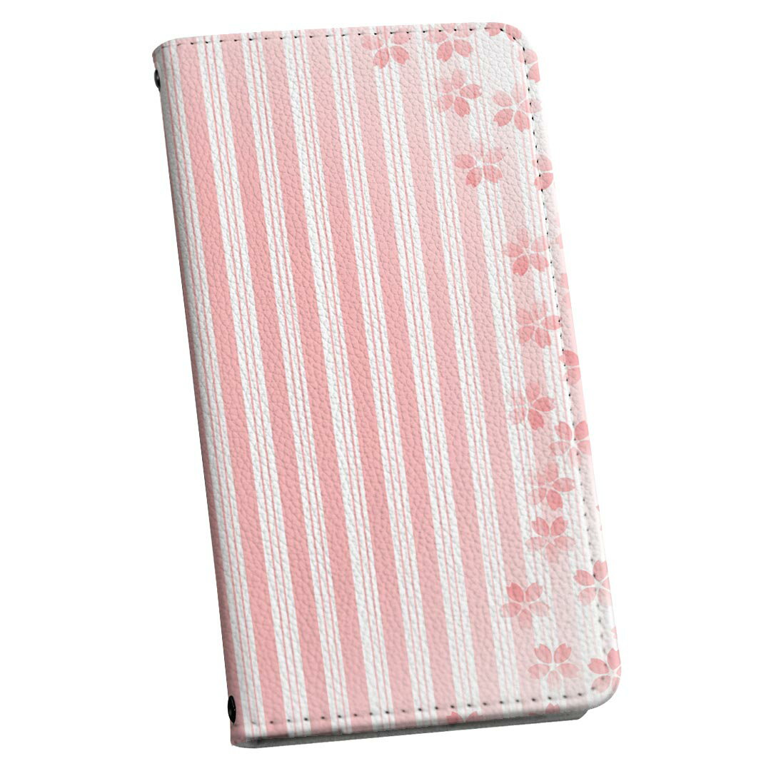LGV33 Qua phone PX キュア フォン lgv33 ストラップ付き ケース ショルダー スマホ 落下防止 手帳型 マグネット式 ピタッと閉まる スマホカバー 肩掛け 斜めかけ 005292 桜　ピンク　縞模様