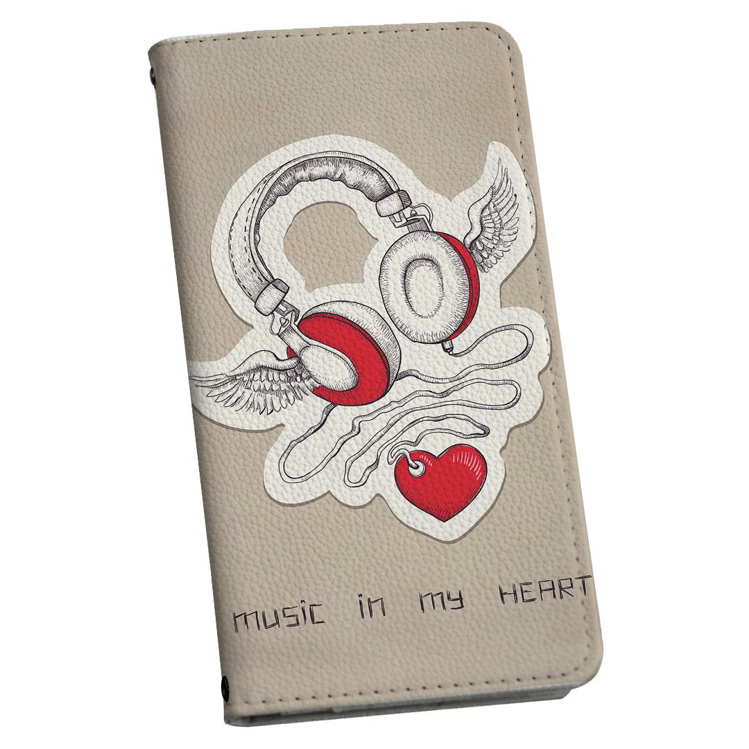 らくらくスマートフォン a A401FC 用 ケース カバー 手帳型 マグネット式 ピタッと閉まる レザーケース a401fc カード収納 ポケット igcase 005697 イラスト　ハート　ヘッドフォン