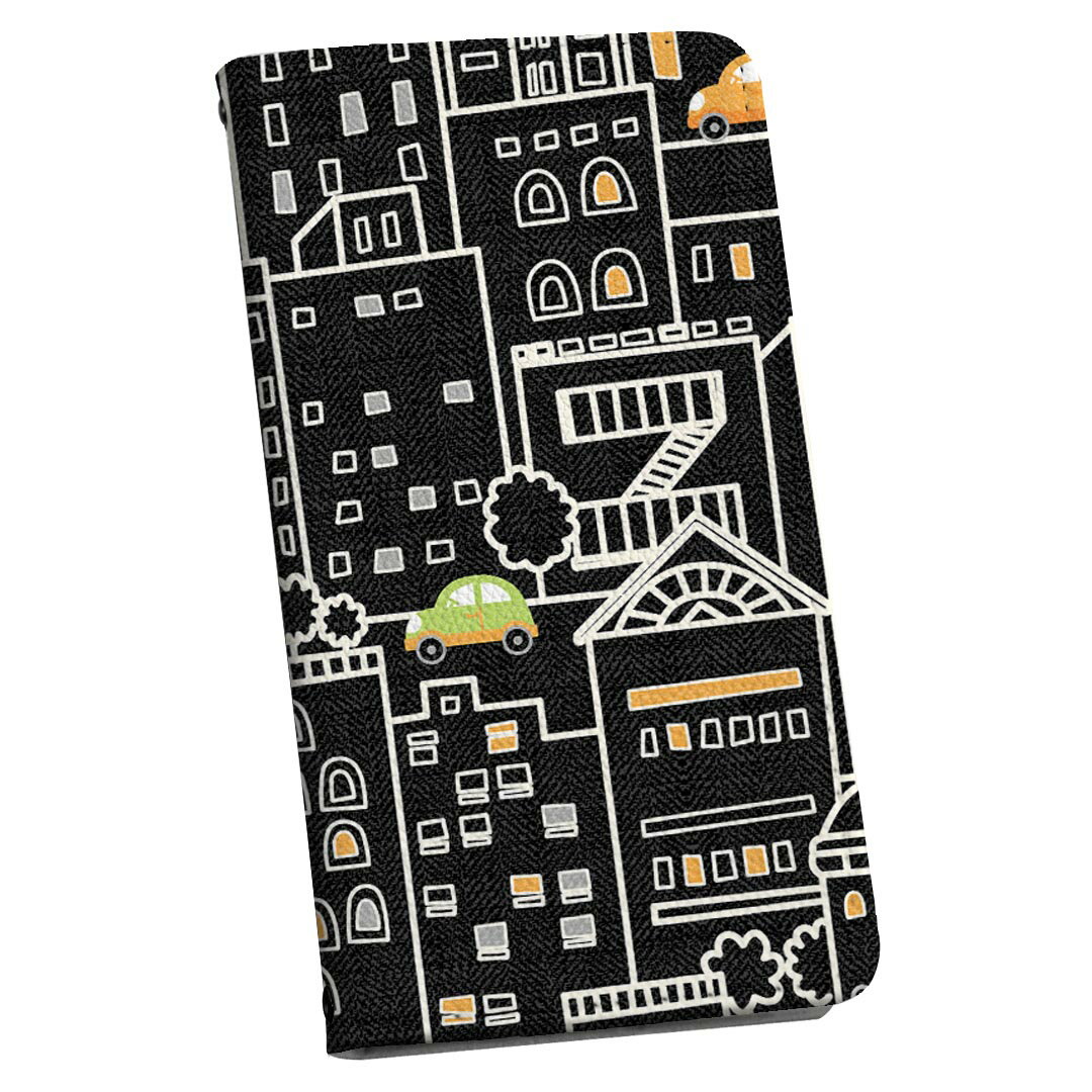 Galaxy A20 SC-02M ギャラクシー sc02m 専用 ケース カバー 手帳型 マグネット式 ピタッと閉まる レザーケース カード収納 ポケット igcase 008010 建物 車 黒 ブラック イラスト