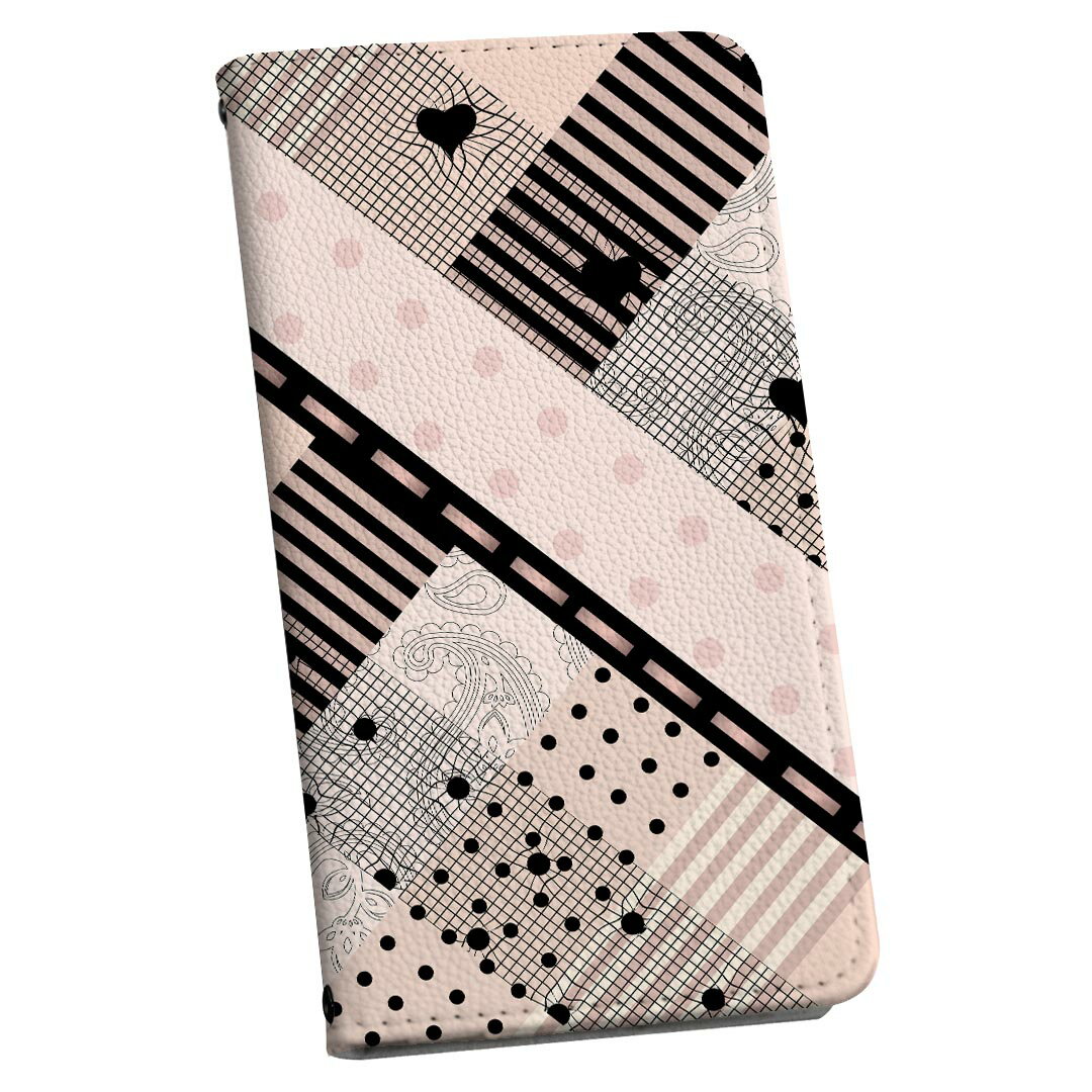 AQUOS wish3 SH-53D A302SH SH-M25 用 ケース カバー 手帳型 マグネット式 ピタッと閉まる レザーケース sh53d カード収納 ポケット 008019 ハート 黒 ブラック ピンク 模様