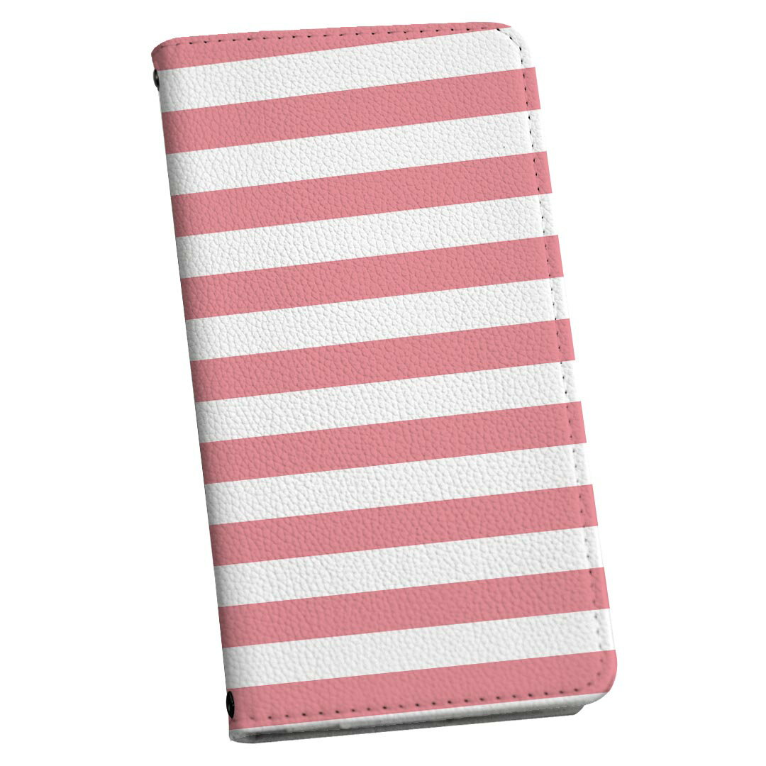 AQUOS wish5 用 スマホカバー SH-52F / SH-M32 共通対応 ケース カバー 手帳型 マグネット式 ピタッと閉まる レザーケース カード収納 ポケット 009025 シンプル ボーダー ピンク