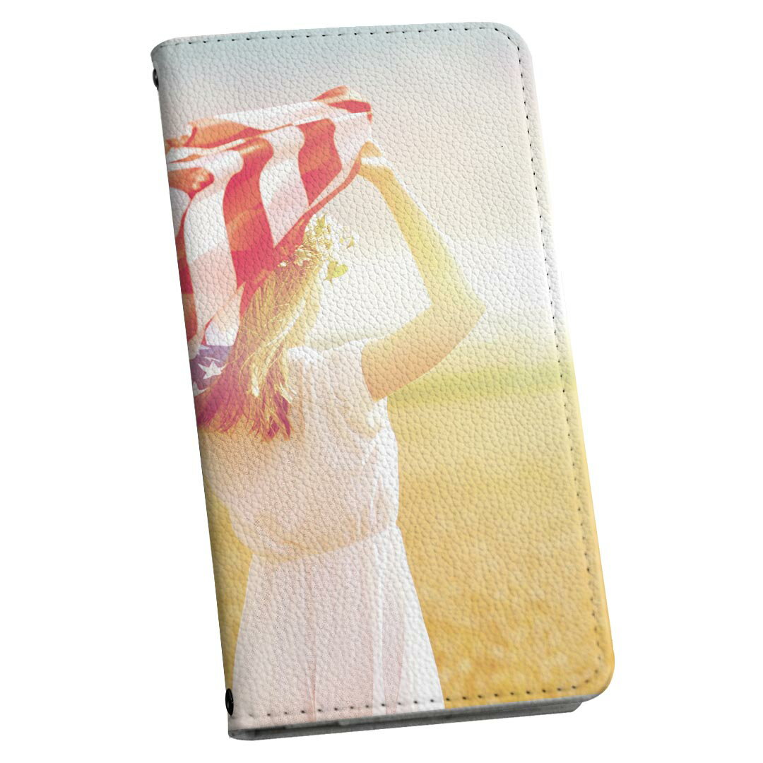 AQUOS wish5 用 スマホカバー SH-52F / SH-M32 共通対応 ケース カバー 手帳型 マグネット式 ピタッと閉まる レザーケース カード収納 ポケット 014933 女の子　自然　アメリカ　国旗