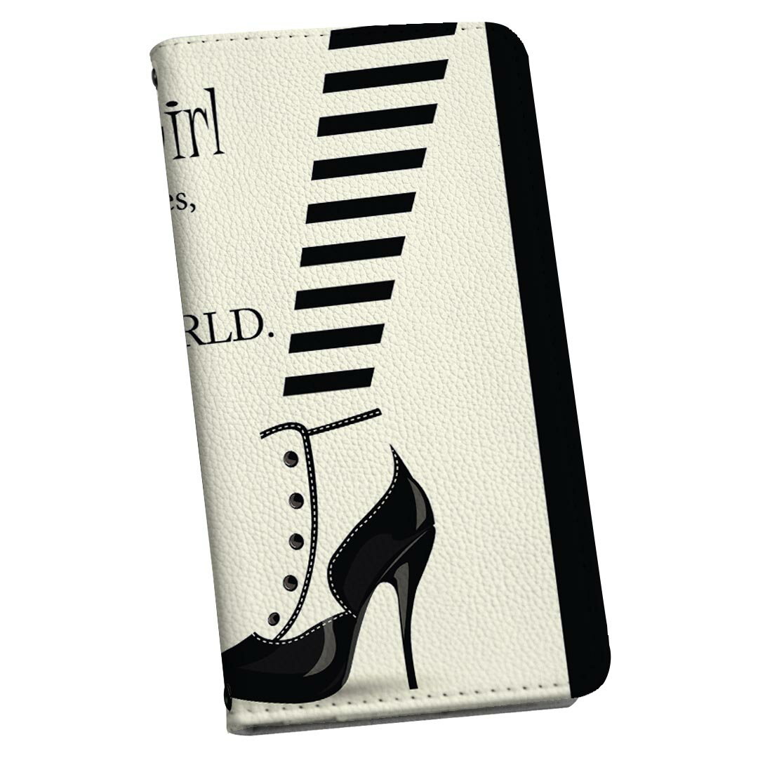 らくらくスマートフォン F-53E 用 手帳型ケース f53e ケース ストラップ付き ショルダー スマホ 落下防止 手帳型 マグネット式 ピタッと閉まる スマホカバー 肩掛け 斜めかけ 014977 モノクロ　英字　女の子　ハイヒール