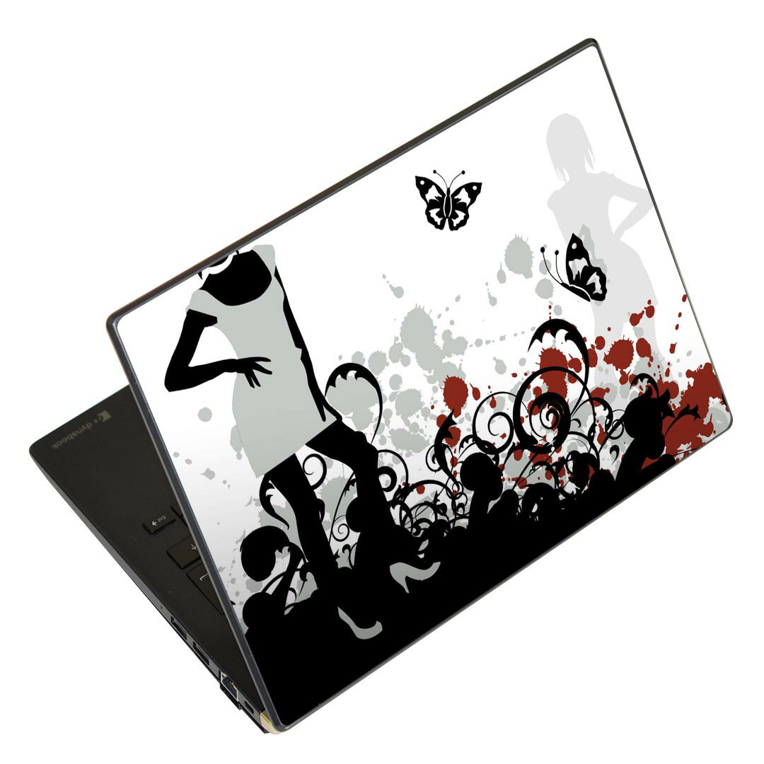 ノートパソコン スキンシール 17インチまで対応 汎用ステッカー 2枚セット LAVIE用 FMV用 LIFEBOOK用 Dynabook用 Lenovo用 Thinkbook用 IdeaPad用 HP用 Pavillon用 ENVY用 Elite用 Dell用 Vostro用 Inspiron用 VAIO用 004626 蝶　イラスト　赤　黒