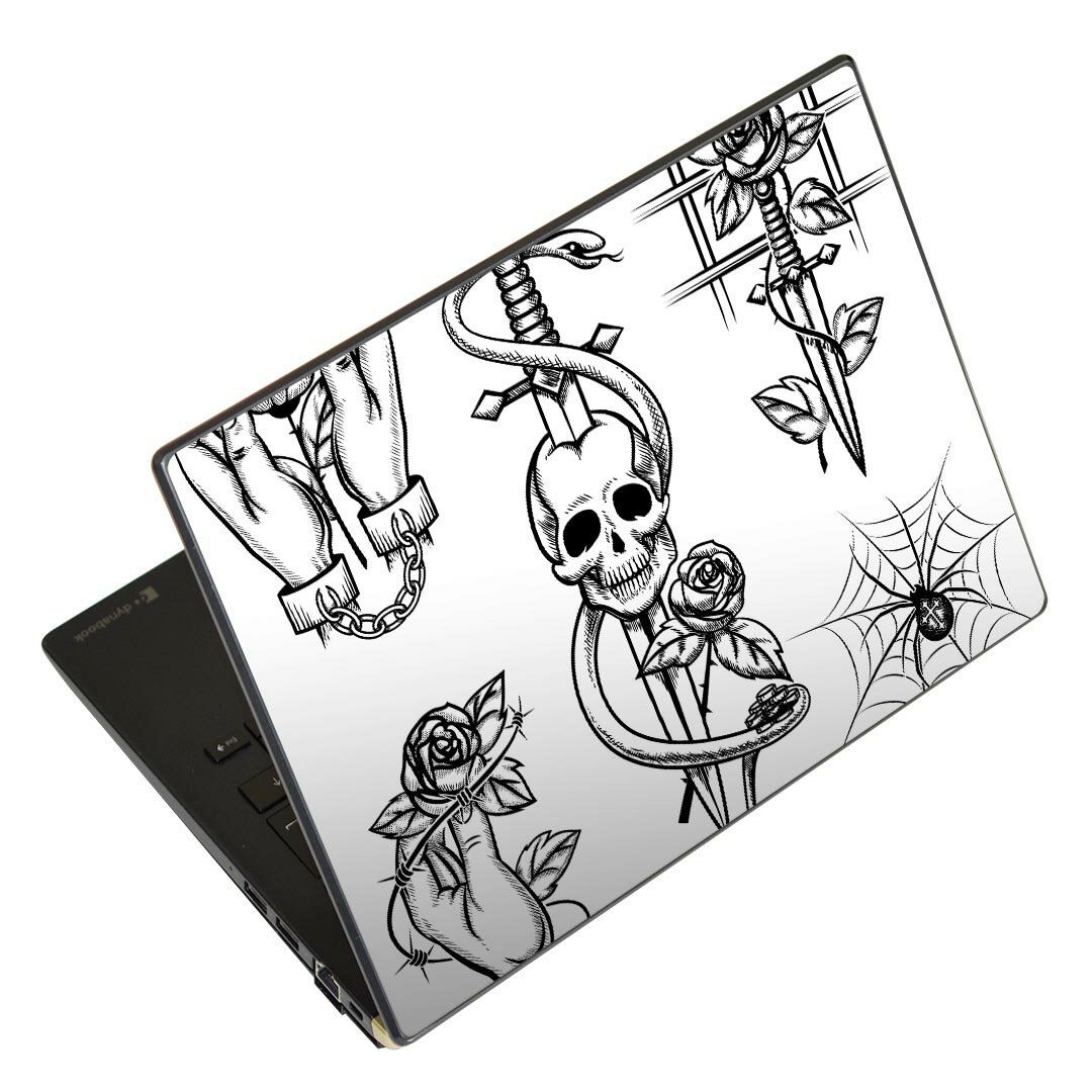 ノートパソコン スキンシール 13.3インチまで対応 汎用ステッカー 2枚セット LAVIE用 FMV用 LIFEBOOK用 Dynabook用 Lenovo用 Thinkbook用 IdeaPad用 HP用 Pavillon用 ENVY用 Elite用 Dell用 Vostro用 Inspiron用 VAIO用 009668 バラ ドクロ アンティーク