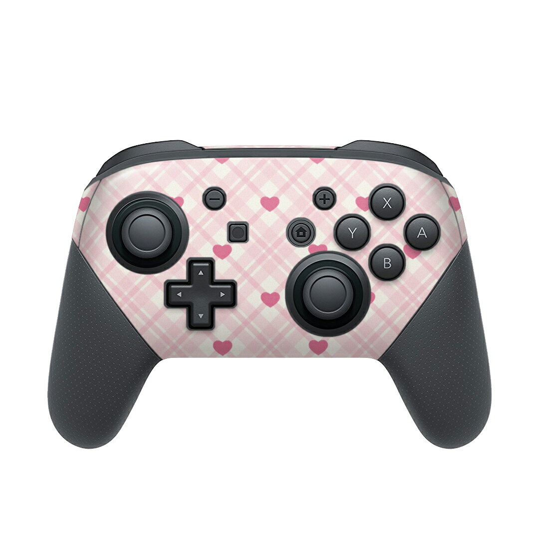 Nintendo Switch 用 PROコントローラ 専用 ニンテンドー スイッチ プロコン 専用 デザインスキンシール 全面セット カバー ケース 保護 フィルム ステッカー デコ アクセサリー 008057 ピンク チェック ハート 模様