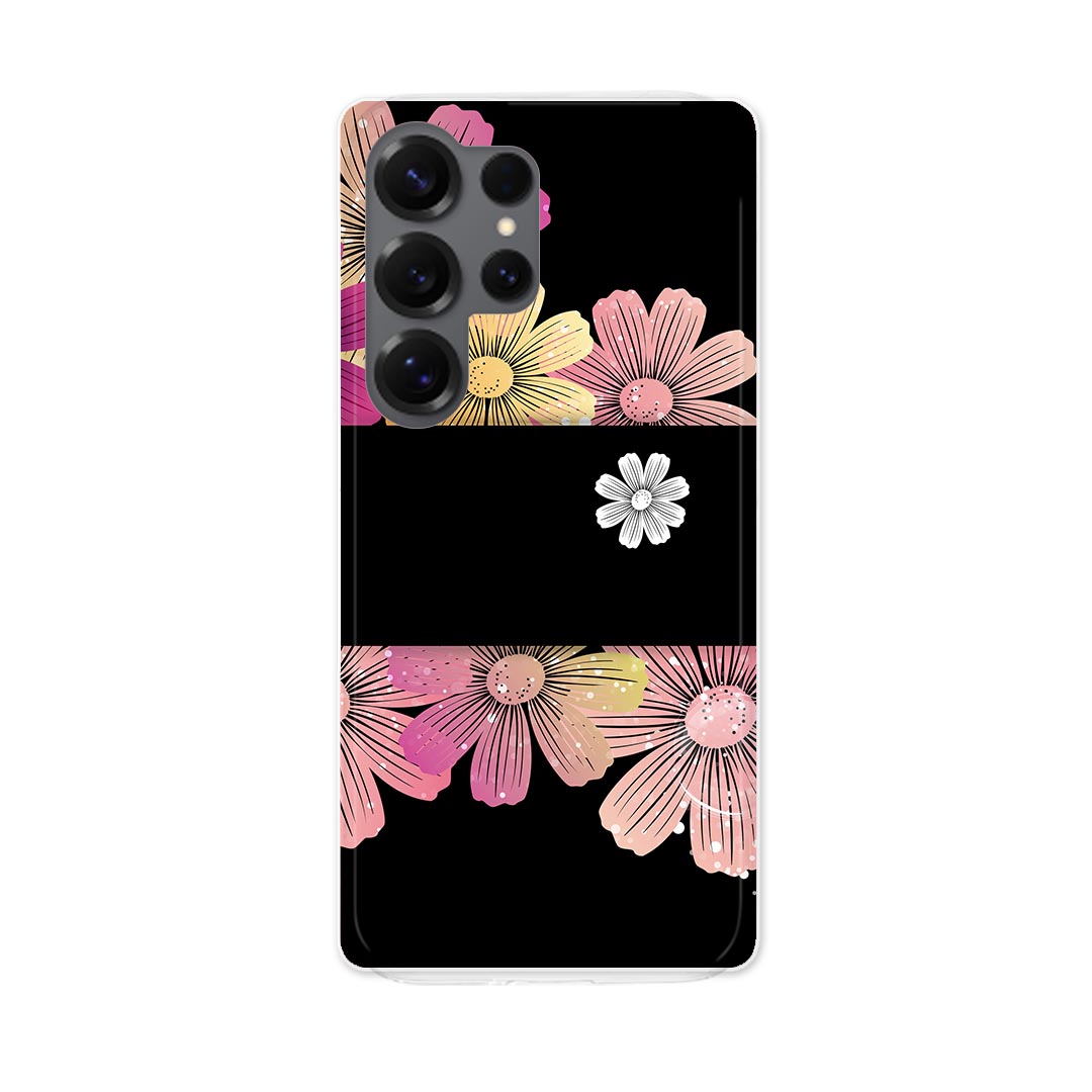 Rakuten - Galaxy S25 Ultra 用 スマホカバー SC-52F / SCG32 共通対応 sc52f ケース カバー ハードケース 007759 花　　黒　ブラック
