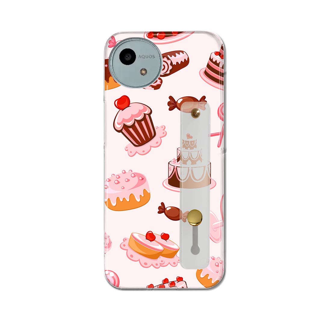 【送料無料】AQUOS wish4 用 SH-52E / A402SH 共通対応 ハードケース スマホ ベルト付 スマホバンド 落下防止 シリコン スタンド機能付 スリム 背面 片手持ち カバー 携帯リング フィンガーリング 角度調整 000833 スイーツ ケーキ(2.0)
