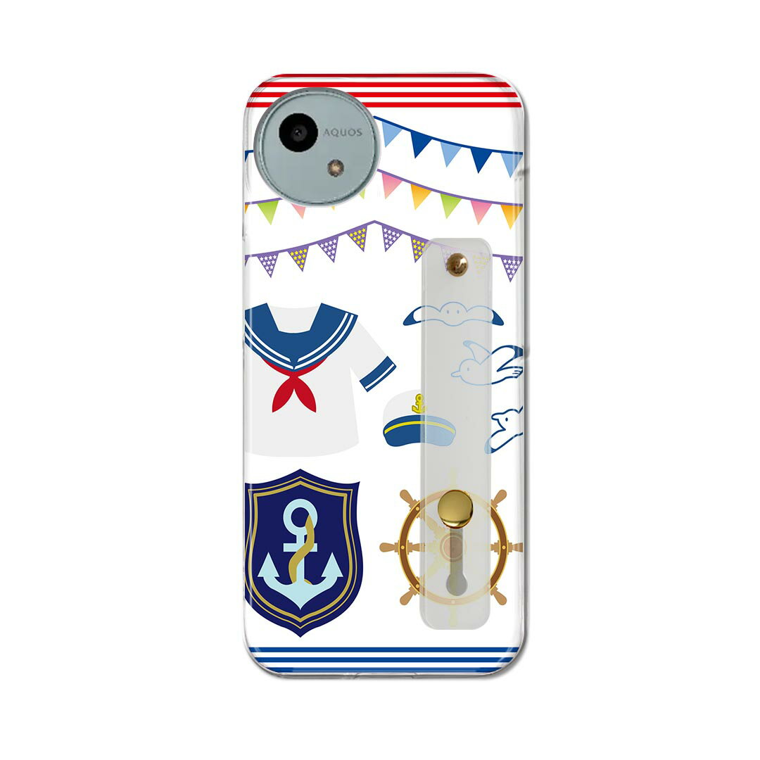 【送料無料】AQUOS wish4 用 SH-52E / A402SH 共通対応 ハードケース スマホ ベルト付 スマホバンド 落下防止 シリコン スタンド機能付 スリム 背面 片手持ち カバー 携帯リング フィンガーリング 角度調整 014090 碇 海 貝殻