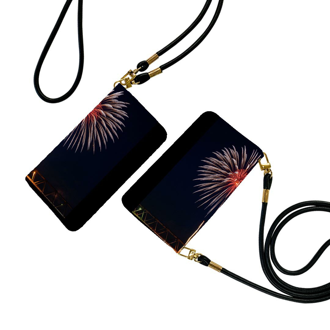 iPhone15 6.1インチ 専用 各キャリア iPhone 15 共通対応 ストラップ付き ケース ショルダー スマホ 落下防止 手帳型 マグネット式 ピタッと閉まる スマホカバー 肩掛け 斜めかけ 000034 花火 夜 橋 祭り