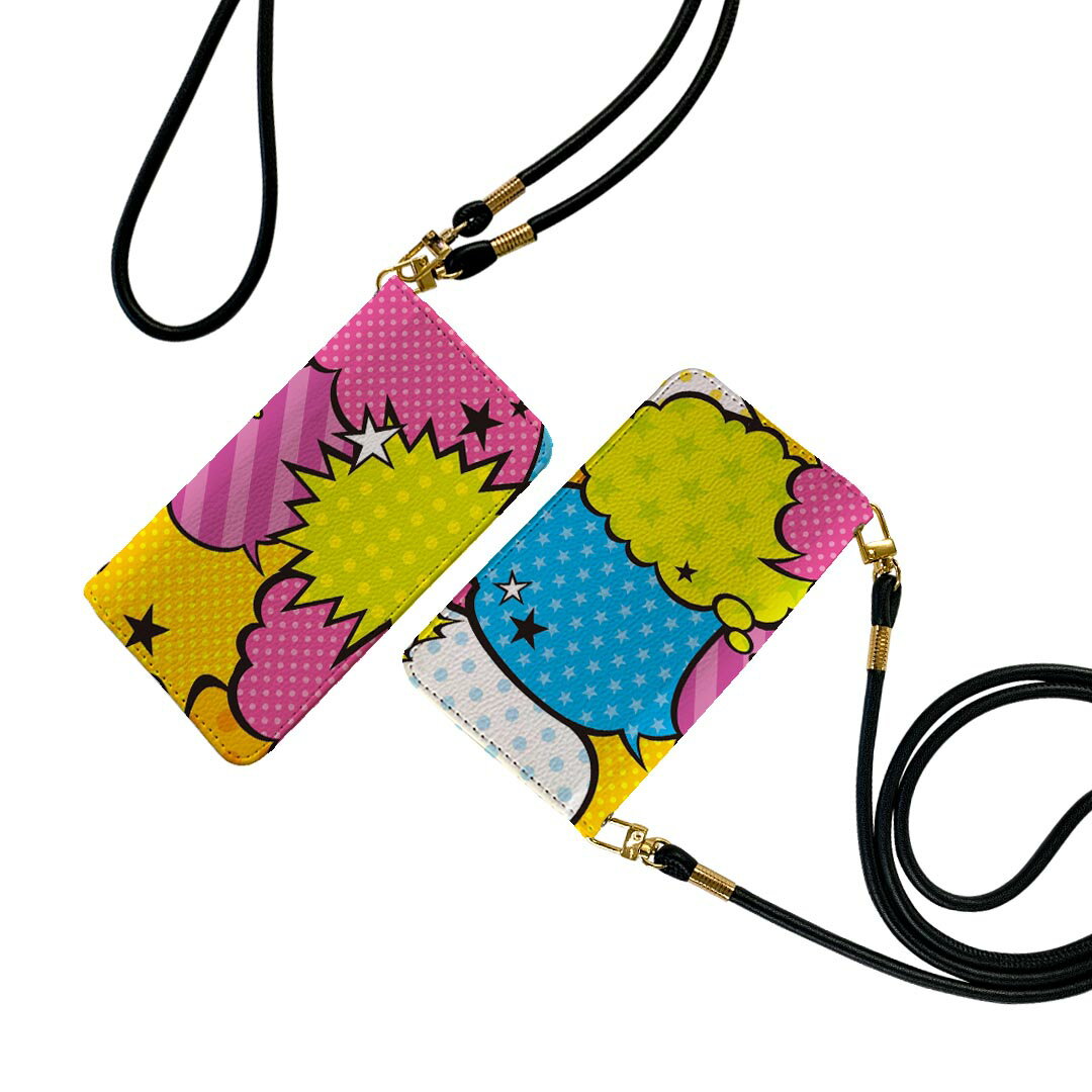 Mobile Phone Cases - Galaxy A21 SC-42A ギャラクシー sc42a ストラップ付き ケース ショルダー スマホ 落下防止 手帳型 マグネット式 ピタッと閉まる スマホカバー 肩掛け 斜めかけ 000289 ふきだし　カラフル