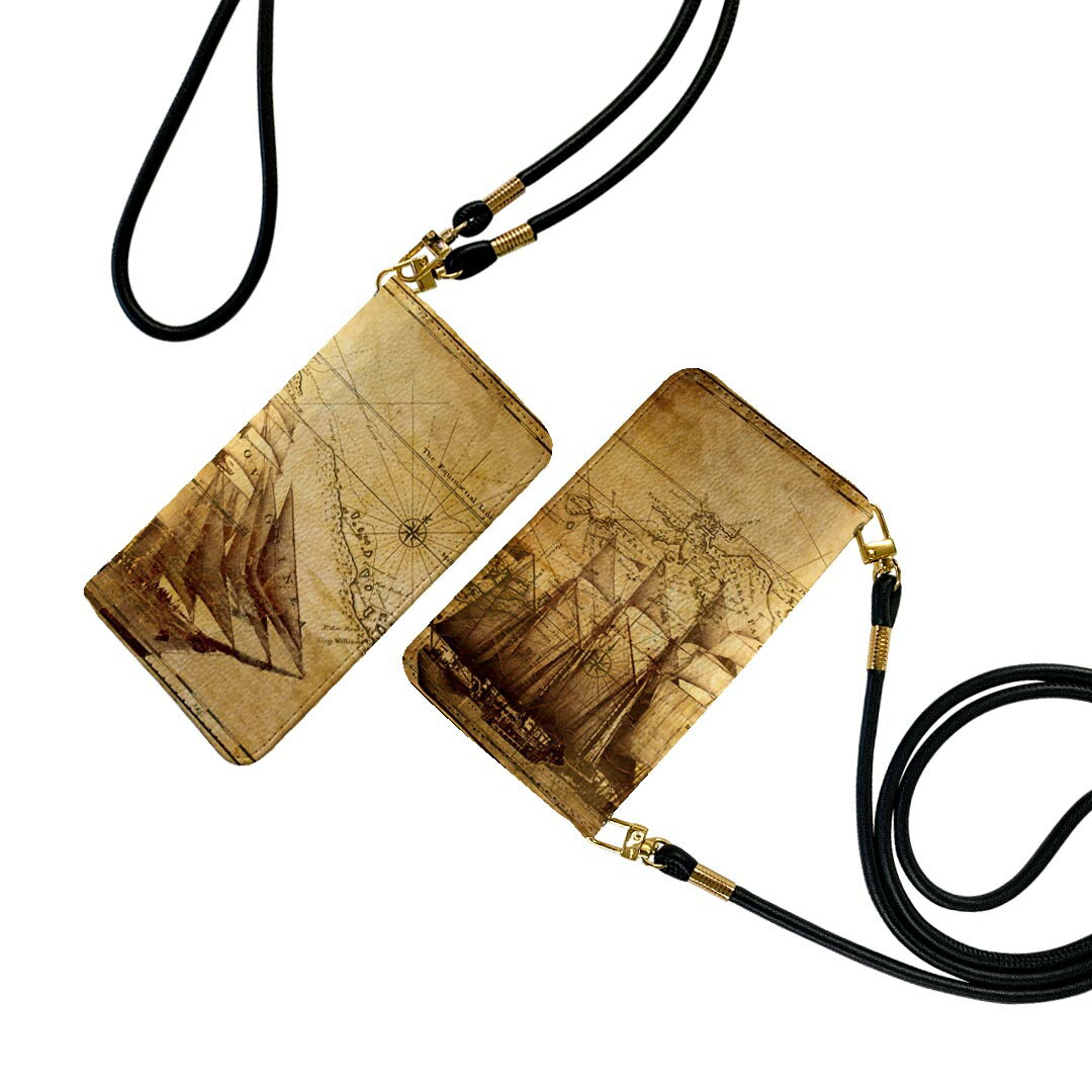 AQUOS sense6 SH-54B SHG05 ストラップ付き sh54b ケース ショルダー スマホ 落下防止 手帳型 マグネット式 ピタッと閉まる スマホカバー 肩掛け 斜めかけ 001026 船 地図