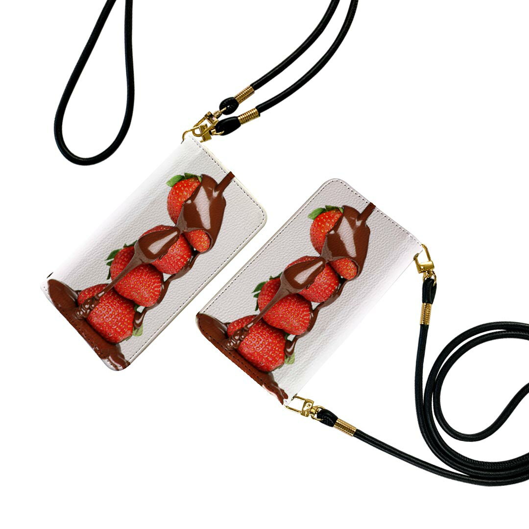 iPhoneSE ケース 第2世代 / 第3世代 iPhone 7 / iPhone 8 共通対応 アイフォーン iphone se ストラップ付き ケース ショルダー スマホ 落下防止 手帳型 マグネット式 ピタッと閉まる スマホカバー 肩掛け 斜めかけ 001061 チョコレート イチゴ