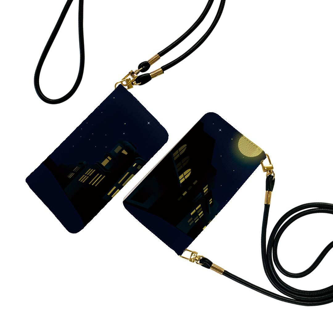 Xperia XZ3 SO-01L エクスペリア XZ3 ストラップ付き so01l ケース ショルダー スマホ 落下防止 手帳型 マグネット式 ピタッと閉まる スマホカバー 肩掛け 斜めかけ 001274 月　夜　街(2.0)