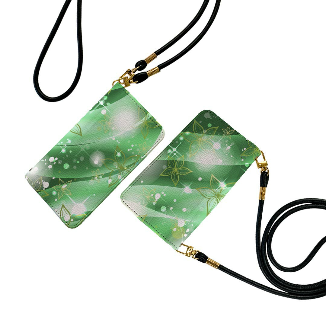 シンプルスマホ5 A001SH ストラップ付き ケース ショルダー スマホ 落下防止 手帳型 マグネット式 ピタッと閉まる スマホカバー 肩掛け 斜めかけ 001805 花　　緑(2)