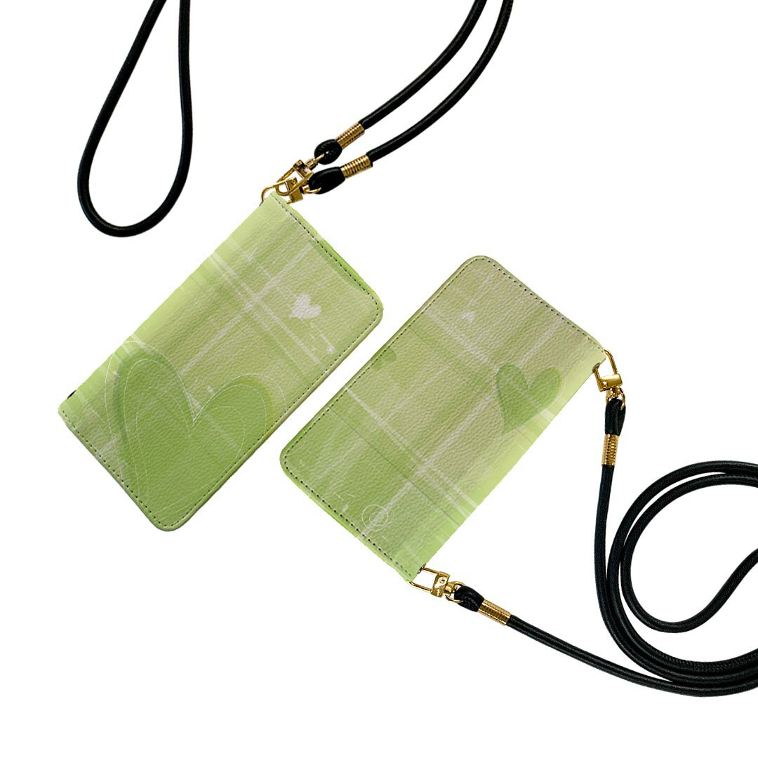 F-01J arrows NX アローズ NX ストラップ付き f01j ケース ショルダー スマホ 落下防止 手帳型 マグネット式 ピタッと閉まる スマホカバー 肩掛け 斜めかけ 001858 ハート　チェック　緑(2.0)