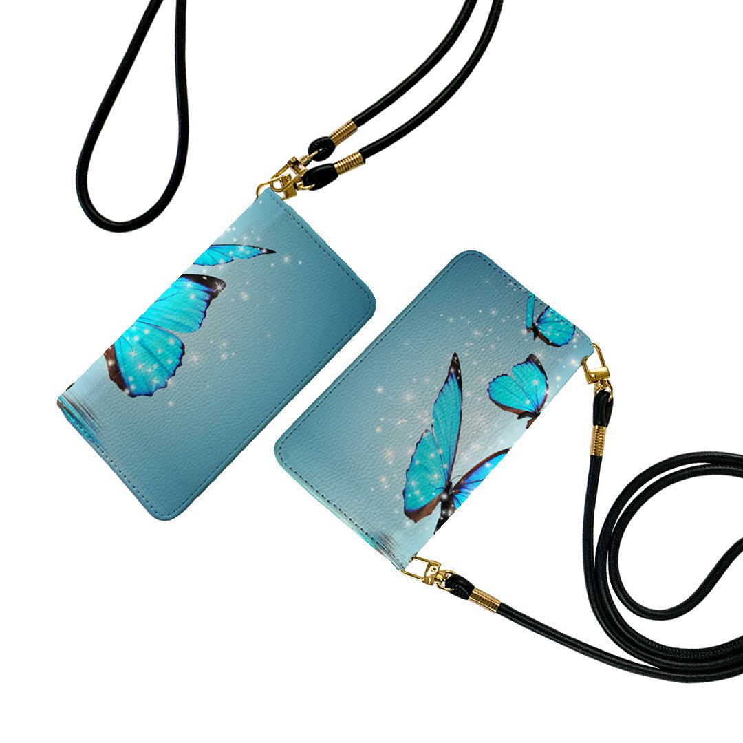 AQUOS R5G SH-51A アクオスr5g ストラップ付き sh51a ケース ショルダー スマホ 落下防止 手帳型 マグネット式 ピタッと閉まる スマホカバー 肩掛け 斜めかけ 002820 蝶　青　写真のサムネイル