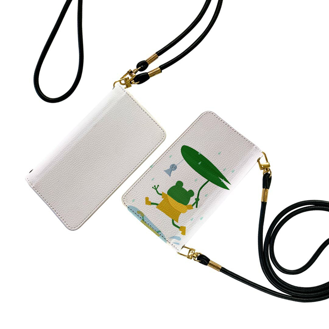 iPhone12 6.1インチ 専用 各キャリア iPhone 12 / iPhone12 Pro 共通対応 ストラップ付き ケース ショルダー スマホ 落下防止 手帳型 マグネット式 ピタッと閉まる スマホカバー 肩掛け 斜めかけ 002873 動物　イラスト　雨