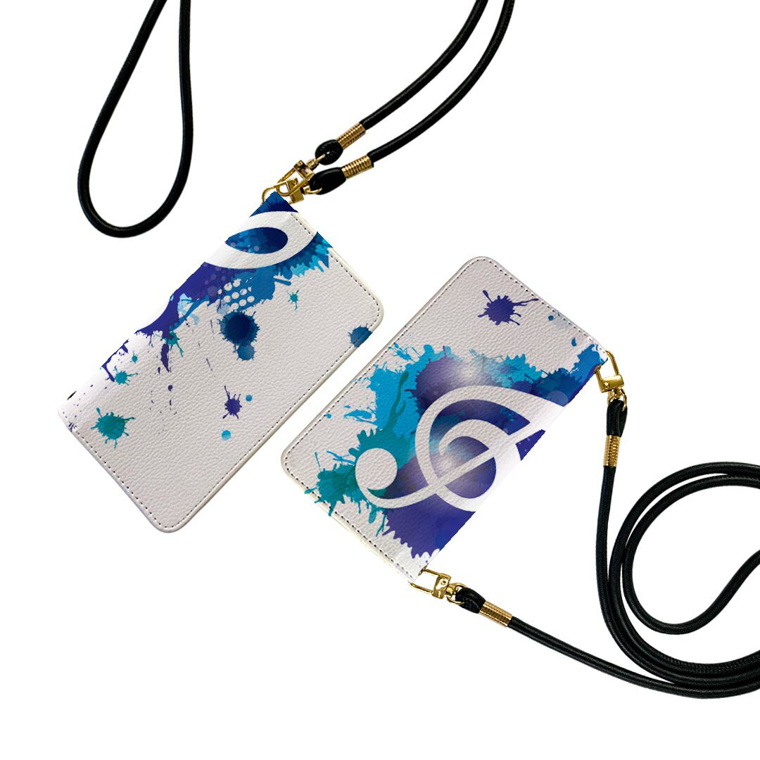 Galaxy S23 SC-51D SCG19 用 ケース カバー 手帳 sc51d 共通対応 ストラップ付き ケース ショルダー スマホ 落下防止 手帳型 マグネット式 ピタッと閉まる スマホカバー 肩掛け 斜めかけ 003301 音楽　音符　青