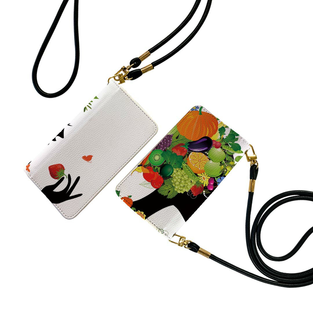 AQUOS wish5 用 SH-52F / SH-M32 共通対応 手帳型ケース ストラップ付き ショルダー sh52f スマホ 落下防止 手帳型 マグネット式 ピタッと閉まる スマホカバー 肩掛け 斜めかけ 003334 人物　食べ物　カラフル(2.0)