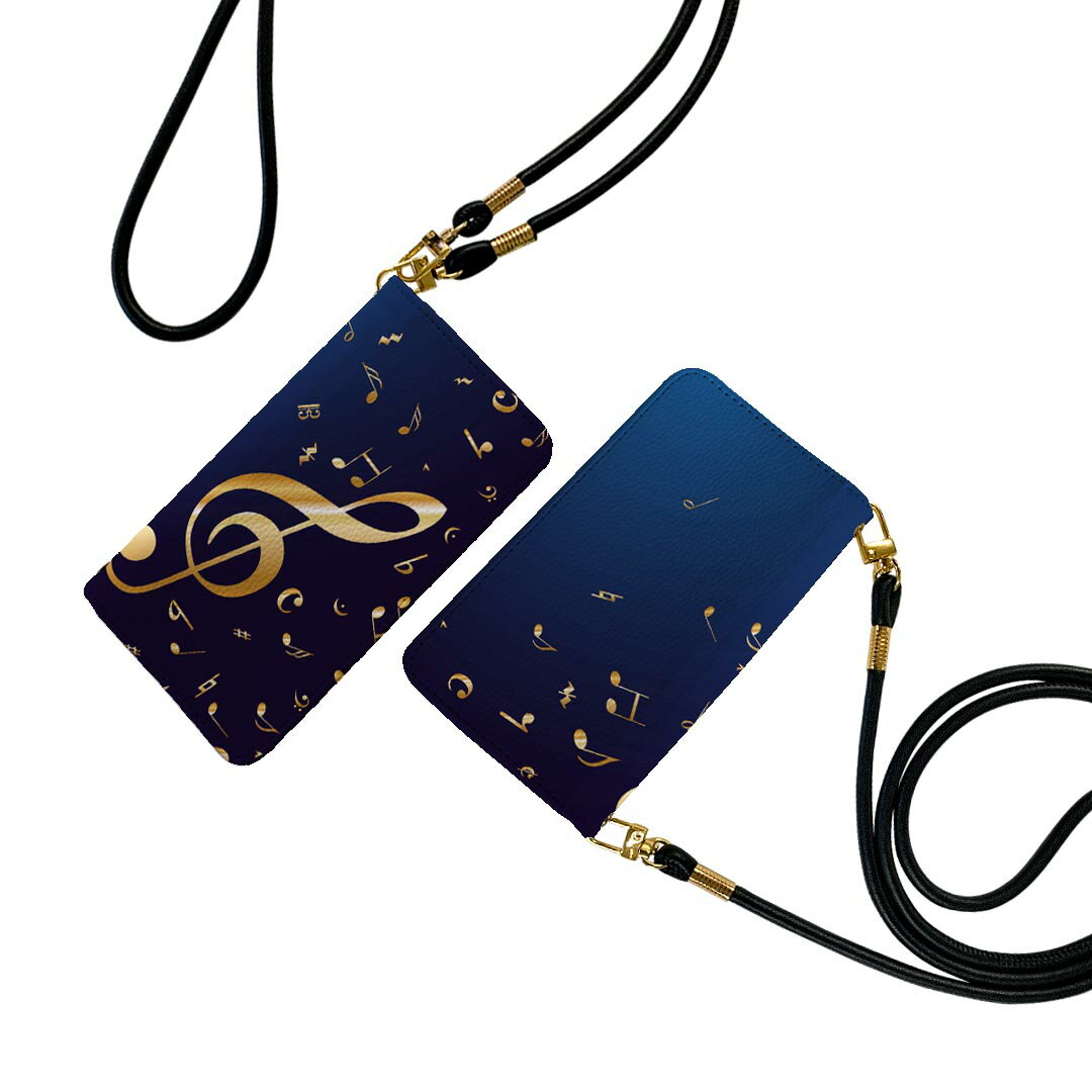 LGV33 Qua phone PX キュア フォン lgv33 ストラップ付き ケース ショルダー スマホ 落下防止 手帳型 マグネット式 ピタッと閉まる スマホカバー 肩掛け 斜めかけ 003384 クール 音楽　音符　青