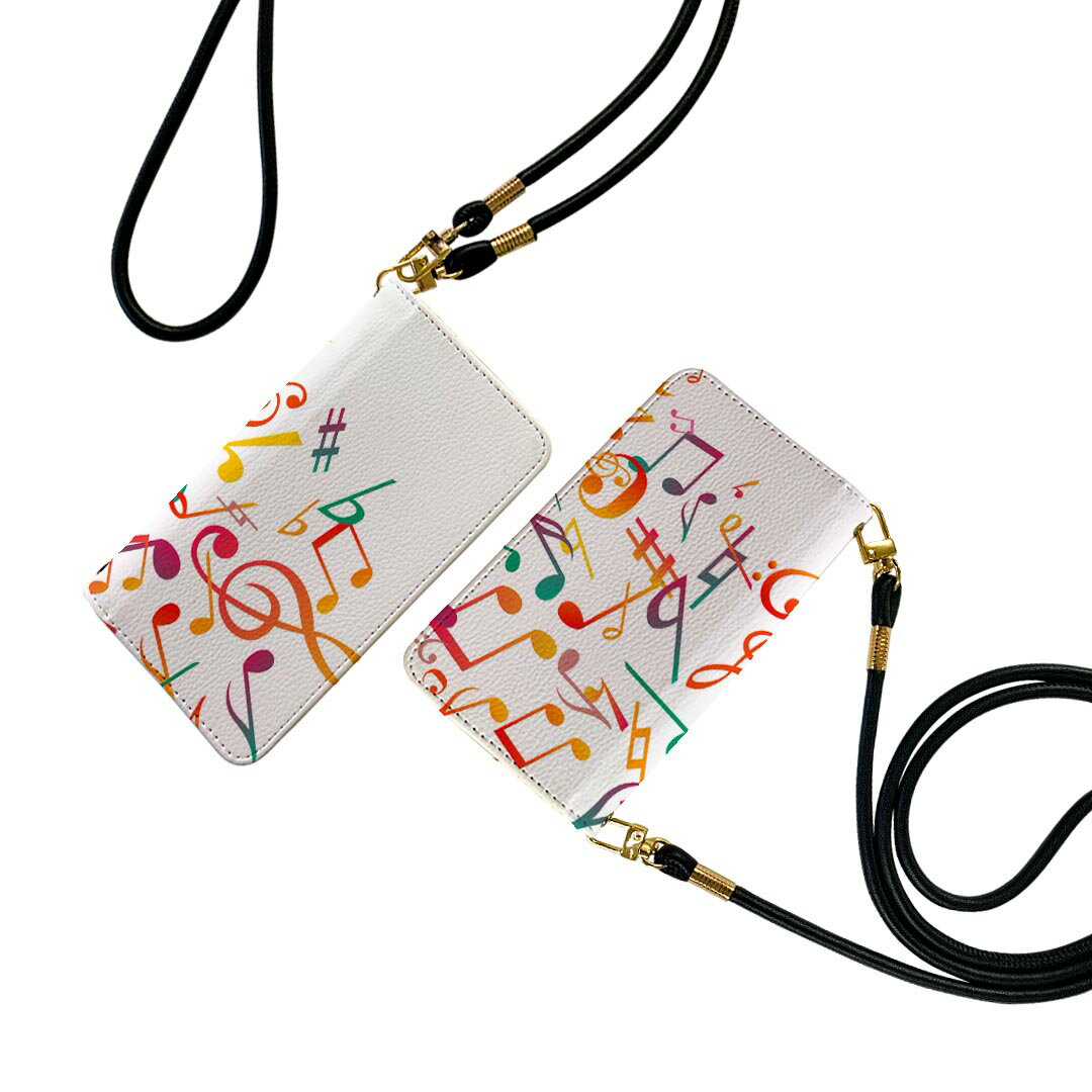 AQUOS R SH-03J アクオスR ストラップ付き sh03j ケース ショルダー スマホ 落下防止 手帳型 マグネット式 ピタッと閉まる スマホカバー 肩掛け 斜めかけ 003476 クール 音楽　音符　カラフルのサムネイル