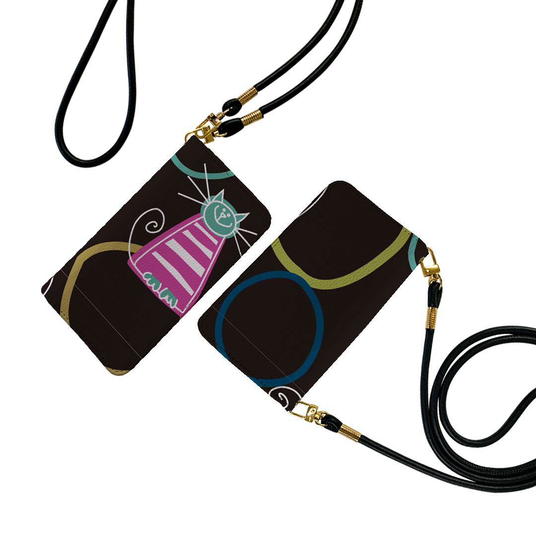 らくらくスマートフォン a A401FC 用 手帳型ケース ストラップ付き ショルダー a401fc スマホ 落下防止 手帳型 マグネット式 ピタッと閉まる スマホカバー 肩掛け 斜めかけ 003741 猫　動物　キャラクター(2.0)