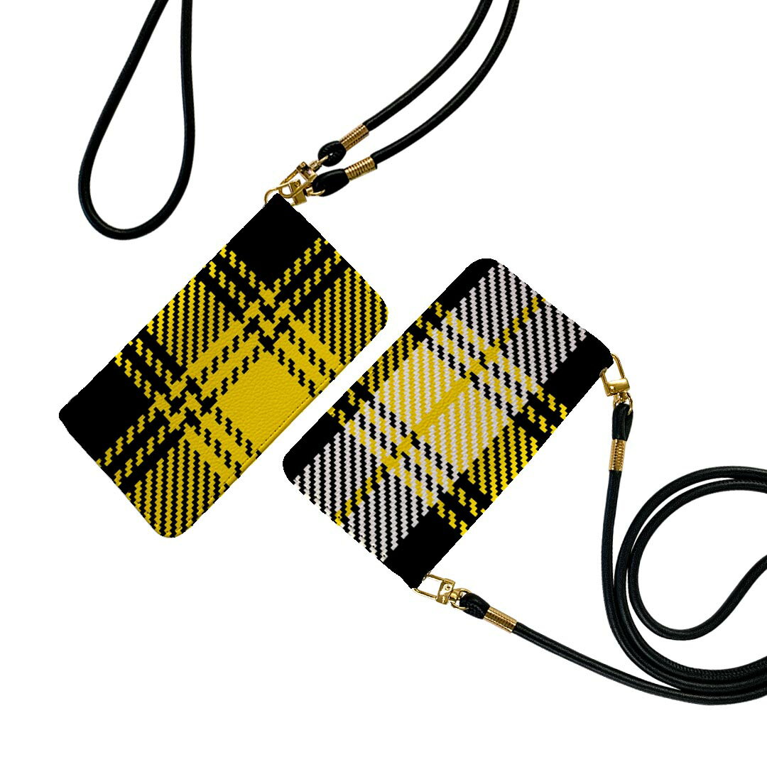 Galaxy A20 SC-02M ギャラクシー sc02m ストラップ付き ケース ショルダー スマホ 落下防止 手帳型 マグネット式 ピタッと閉まる スマホカバー 肩掛け 斜めかけ 003812 チェック　黒　黄色