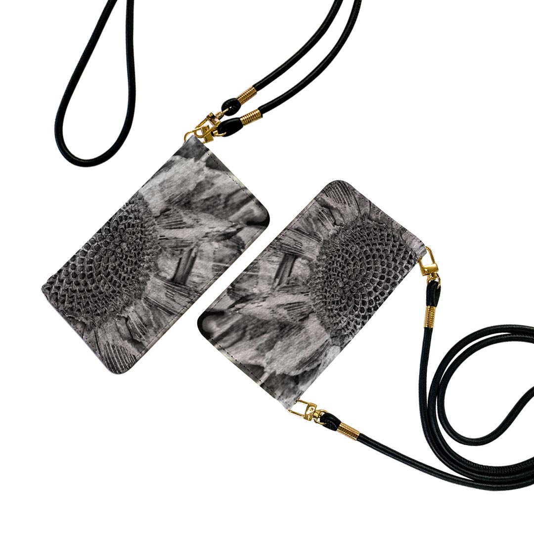 Xperia 10 II SOV43 エクスペリア テン マークツー Xperia10 ストラップ付き ケース ショルダー スマホ 落下防止 手帳型 マグネット式 ピタッと閉まる スマホカバー 肩掛け 斜めかけ 022990 ひまわり　花　モノクロ