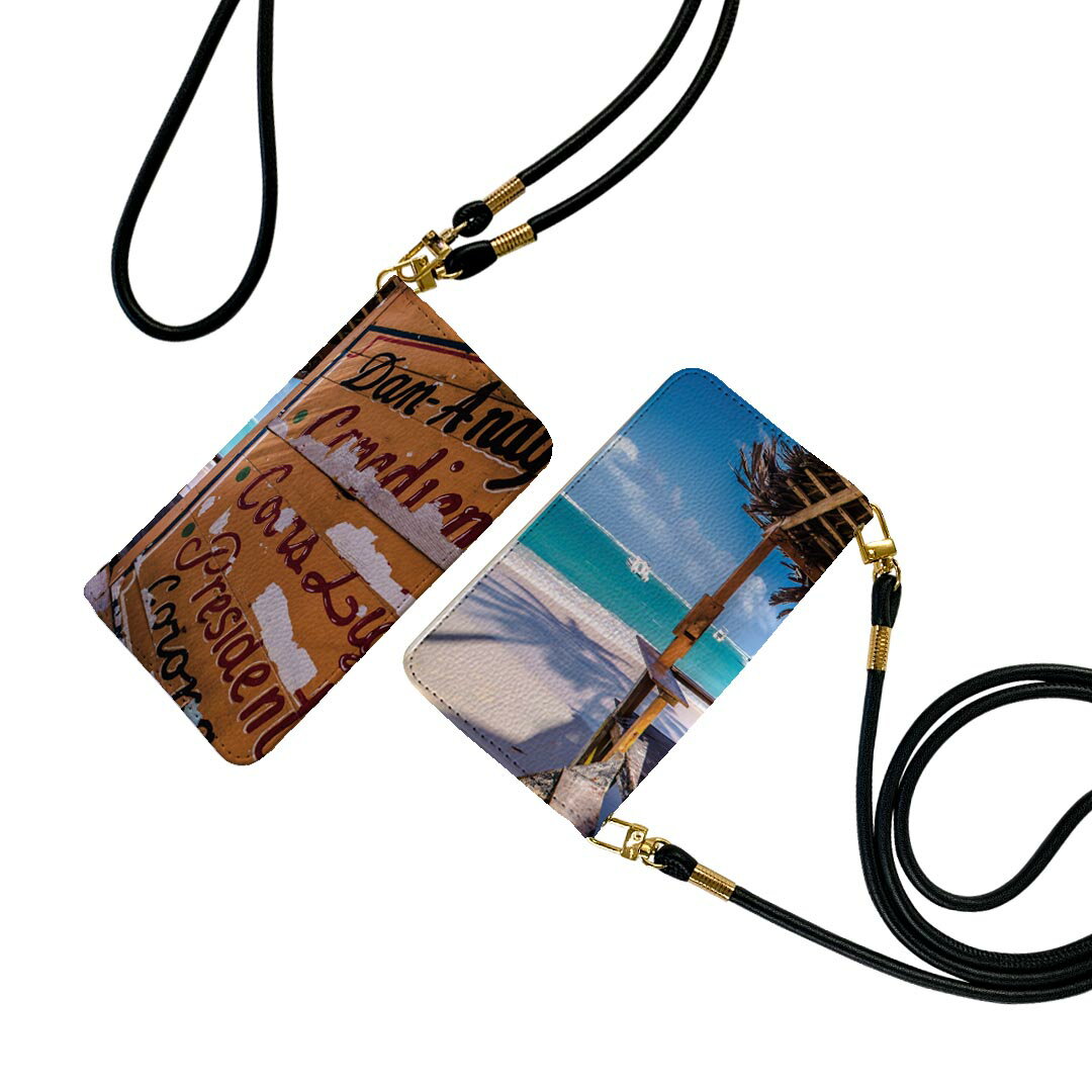 iPhone13 6.1インチ 専用 各キャリア ストラップ付き iphone 13 ケース ショルダー スマホ 落下防止 手帳型 マグネット式 ピタッと閉まる スマホカバー 肩掛け 斜めかけ 025641 海　ビーチ　トロピカル(2.0)