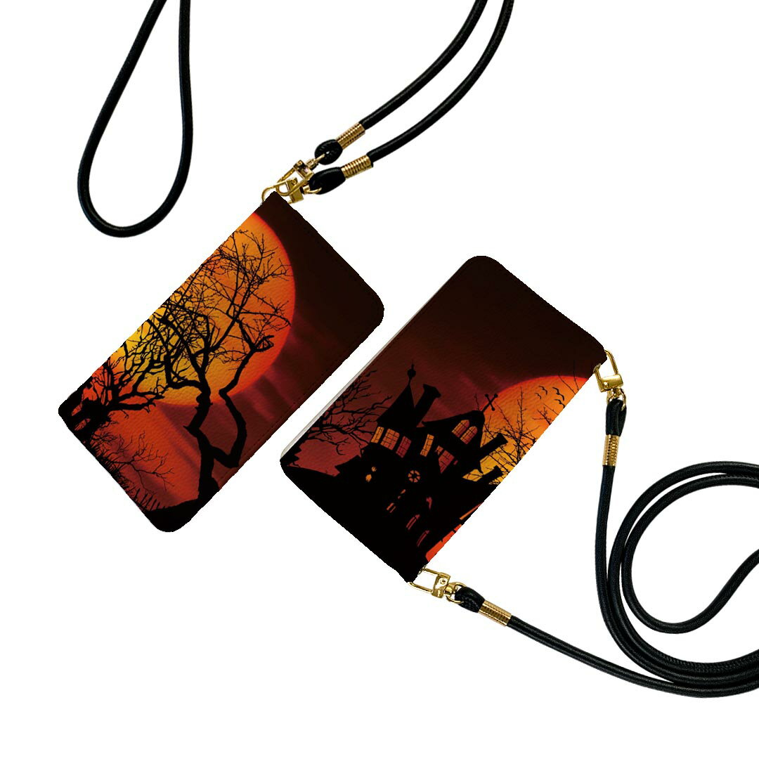 らくらくスマートフォン F-53E 用 手帳型ケース f53e ケース ストラップ付き ショルダー スマホ 落下防止 手帳型 マグネット式 ピタッと閉まる スマホカバー 肩掛け 斜めかけ 025910 月　ハロウィン　Halloween