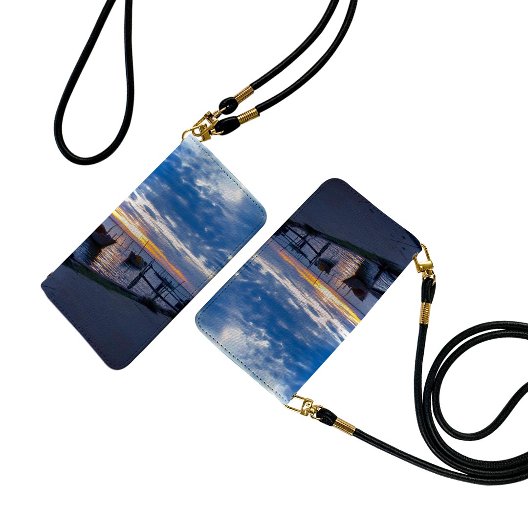 Galaxy A52 5G SC-53B エクスペリア sc53b ストラップ付き ケース ショルダー スマホ 落下防止 手帳型 マグネット式 ピタッと閉まる スマホカバー 肩掛け 斜めかけ 026015 海　ボート　日没