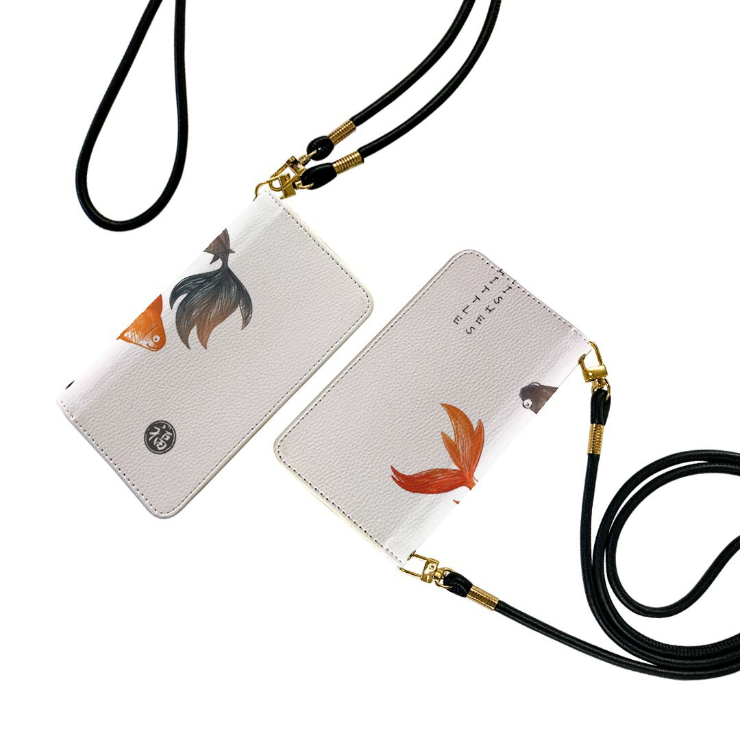 iPhone16 6.1インチ 専用 各キャリア iPhone 16 共通対応 手帳型 ケース カバー iphone16 対応 ストラップ付き ショルダー スマホ 落下防止 手帳型 マグネット式 ピタッと閉まる スマホカバー 肩掛け 斜めかけ 032067 金魚 イラスト 日本