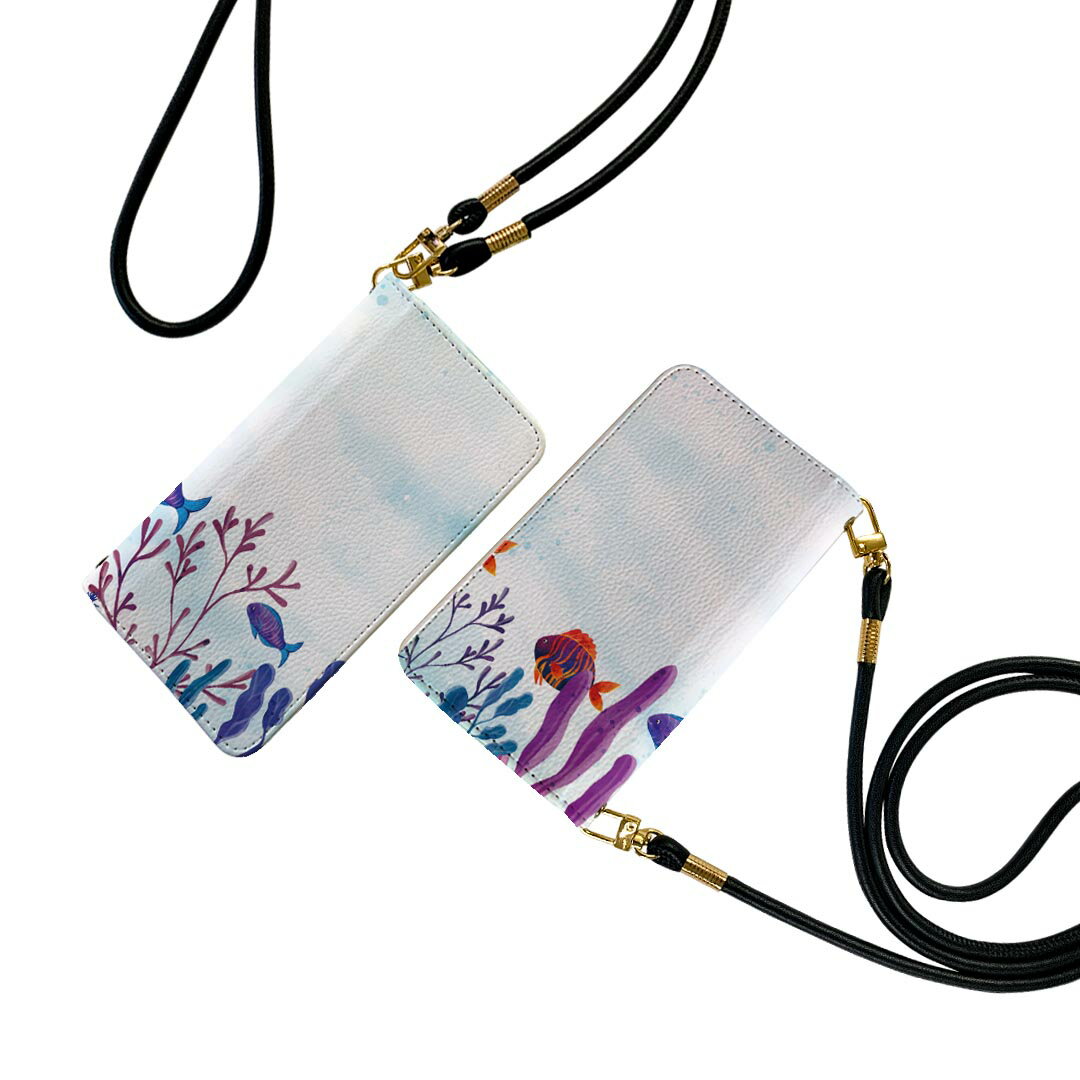 Xperia 1 VI 用 手帳型 ケース カバー SO-51E / SOG13 / A401SO 共通対応　so51e ケース ストラップ付き ケース ショルダー スマホ 落下防止 手帳型 マグネット式 ピタッと閉まる スマホカバー 肩掛け 斜めかけ 033440 水彩画 海 魚