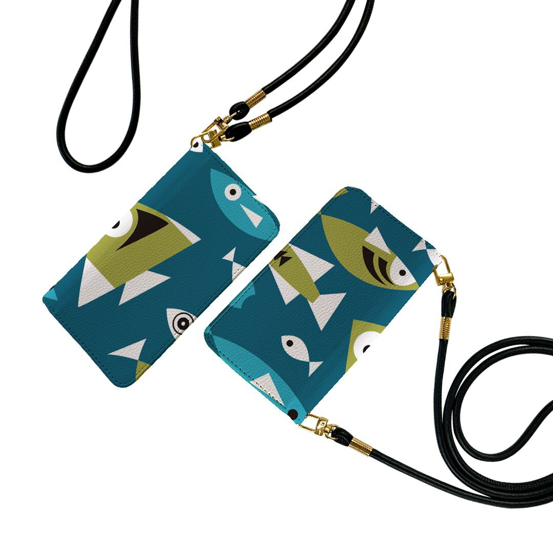 SOV41 Xperia 5 エクスぺリア ファイブ xperia5 sov41 ストラップ付き ケース ショルダー スマホ 落下防止 手帳型 マグネット式 ピタッと閉まる スマホカバー 肩掛け 斜めかけ 004194 魚　動物　青(2.0)
