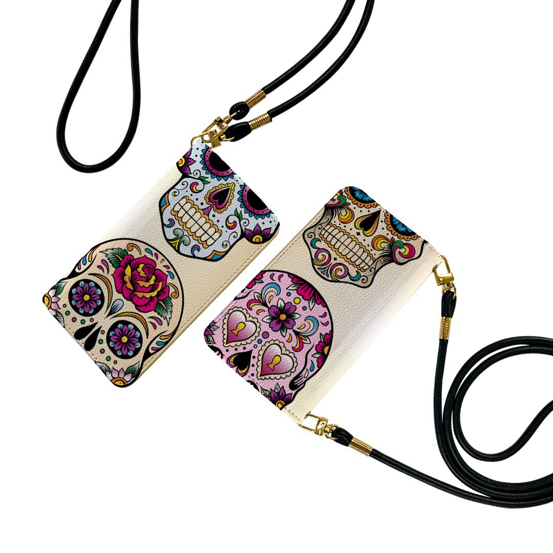 AQUOS wish2 / wish 用 手帳型 ケース カバー SH-51C / SHG06 / A104SH / SH-M20 共通対応 ケース ストラップ付き ケース ショルダー スマホ 落下防止 手帳型 マグネット式 ピタッと閉まる スマホカバー 肩掛け 斜めかけ 004518 ドクロ　骸骨　模様のサムネイル