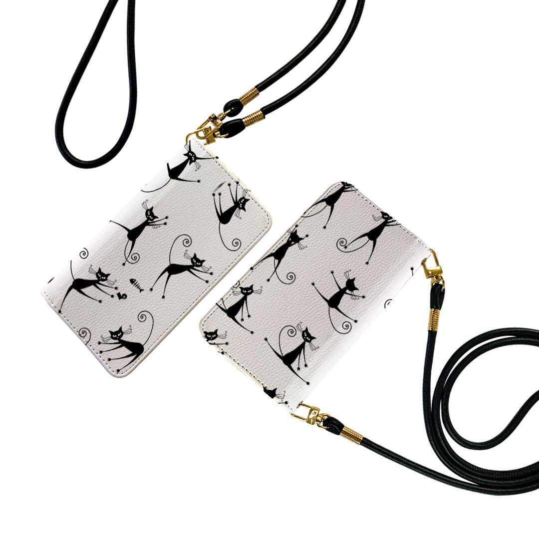 SHV45 AQUOS sense3 アクオス センススリー shv45 ストラップ付き ケース ショルダー スマホ 落下防止 手帳型 マグネット式 ピタッと閉まる スマホカバー 肩掛け 斜めかけ 004604 猫　イラスト
