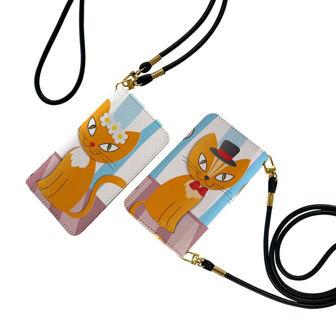 SH-01L AQUOS sense2 アクオス センスツー ストラップ付き sh01l ケース ショルダー スマホ 落下防止 手帳型 マグネット式 ピタッと閉まる スマホカバー 肩掛け 斜めかけ 004625 猫　キャラクター　イラスト