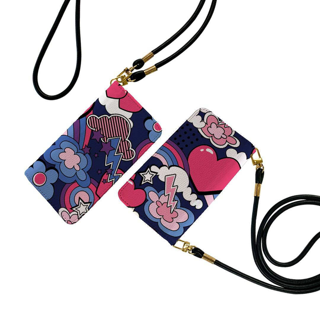 Galaxy A32 SCG08 対応 ギャラクシー ストラップ付き scg08 ケース ショルダー スマホ 落下防止 手帳型 マグネット式 ピタッと閉まる スマホカバー 肩掛け 斜めかけ 004659 ハート　花　ポップ(2.0)