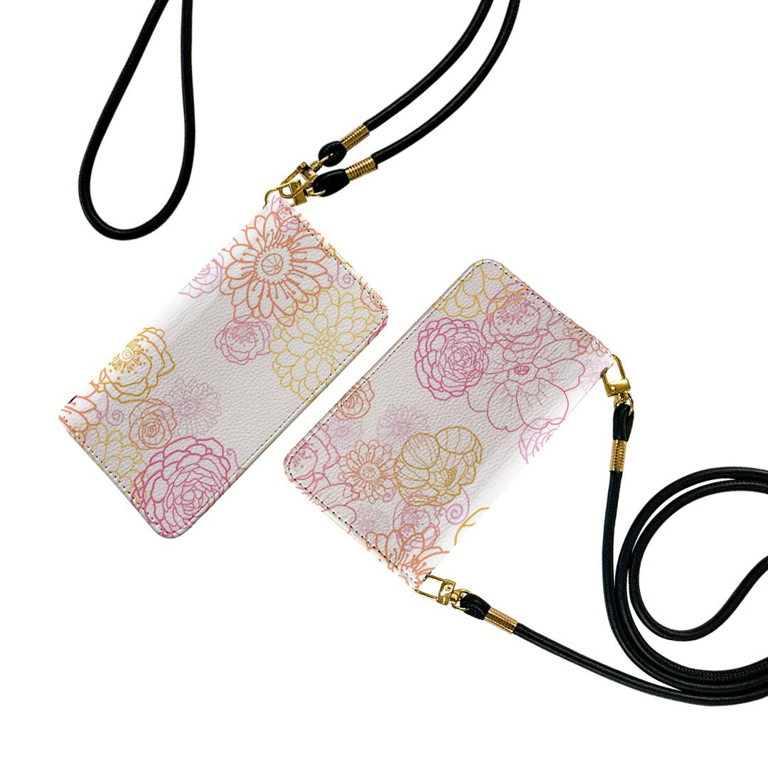 Xperia 10 II SO-41A / SOV43 共通対応 ストラップ付き so41a ケース ショルダー スマホ 落下防止 手帳型 マグネット式 ピタッと閉まる スマホカバー 肩掛け 斜めかけ 004781 花　　ピンク