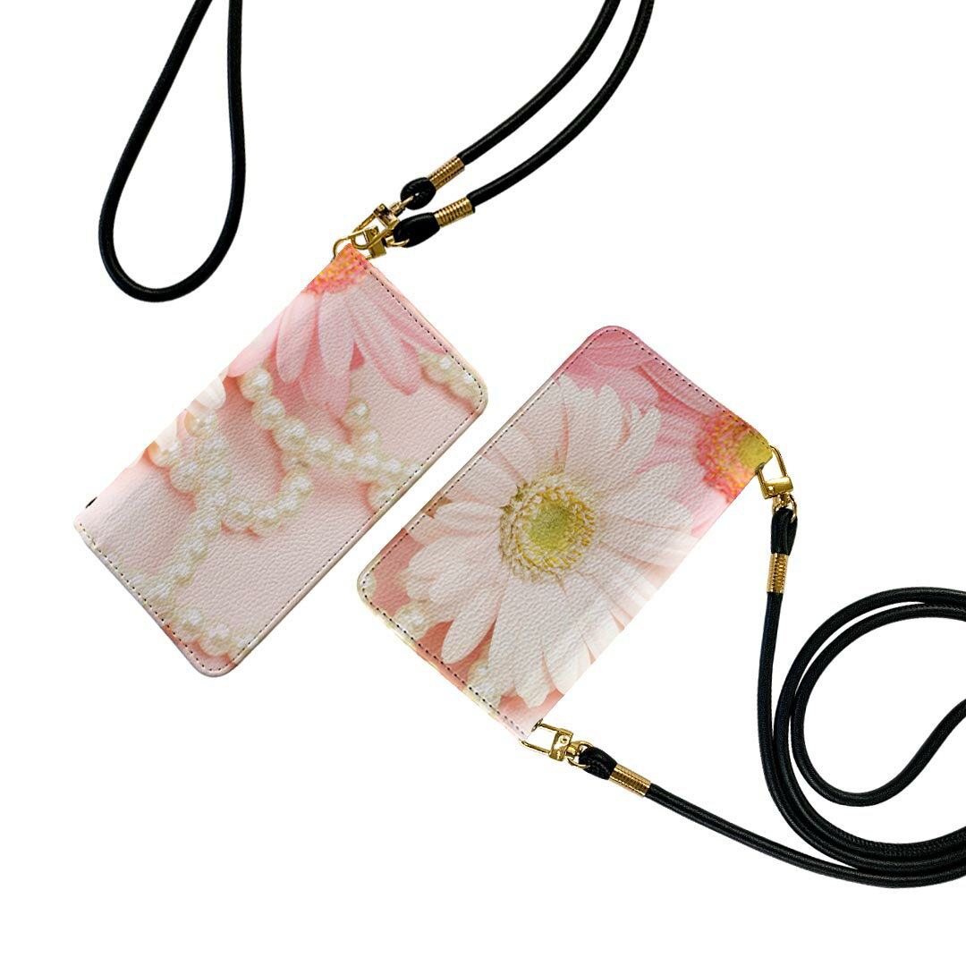 Galaxy A41 SCV48 ギャラクシー scv48 ストラップ付き ケース ショルダー スマホ 落下防止 手帳型 マグネット式 ピタッと閉まる スマホカバー 肩掛け 斜めかけ 005148 花　パール　ピンク(2.0)