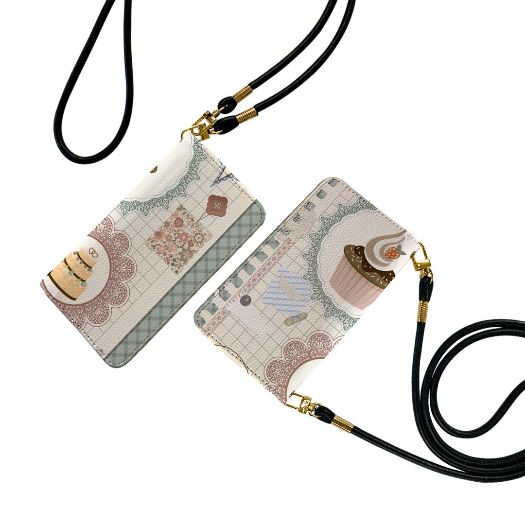 Xperia 5 III エクスペリア SO-53B SOG05 ストラップ付き so53b ケース ショルダー スマホ 落下防止 手帳型 マグネット式 ピタッと閉まる スマホカバー 肩掛け 斜めかけ 005176 ケーキ　デザート　手帳