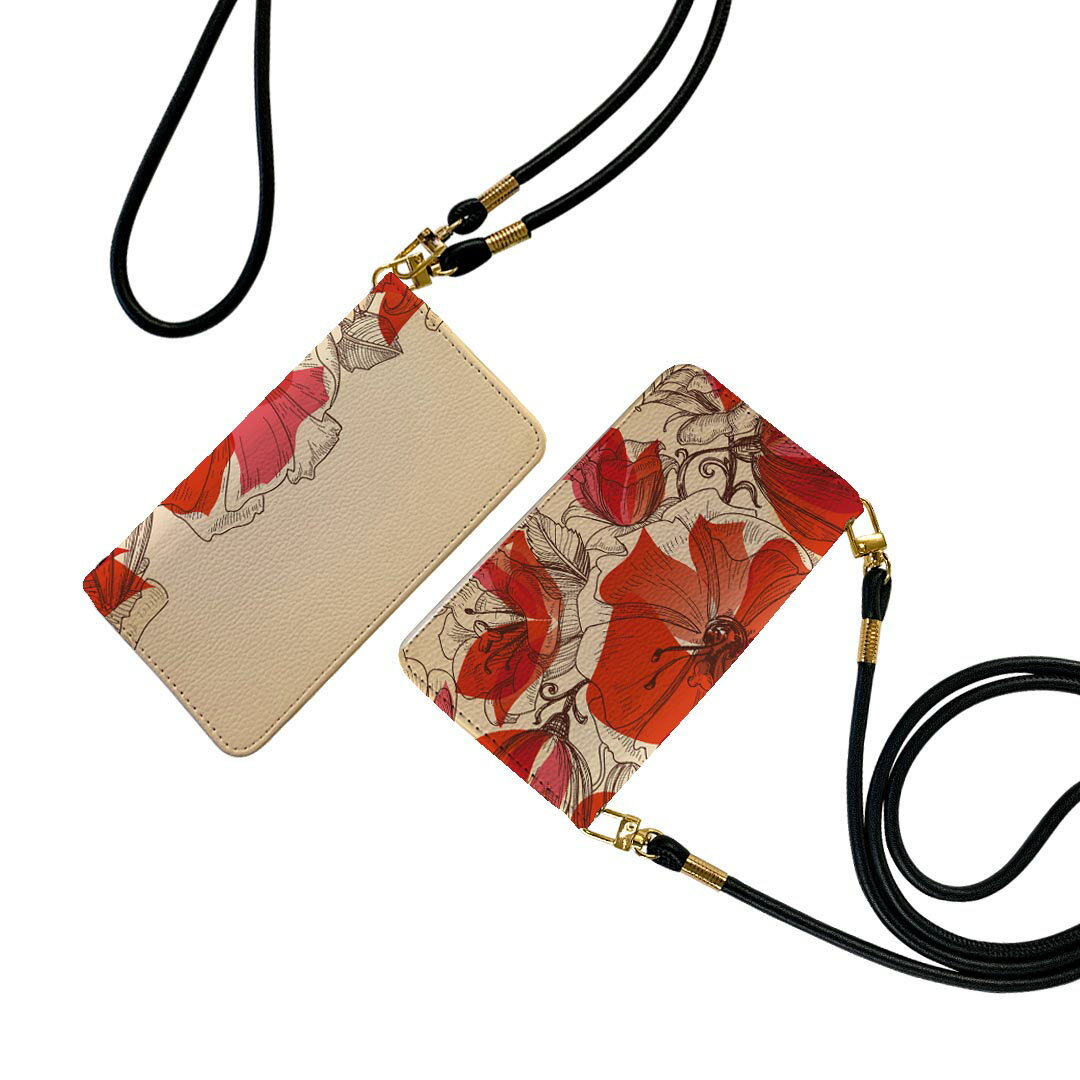 らくらくスマートフォン F-52B ストラップ付き f52b ケース ショルダー スマホ 落下防止 手帳型 マグネット式 ピタッと閉まる スマホカバー 肩掛け 斜めかけ 005218 花　イラスト　赤