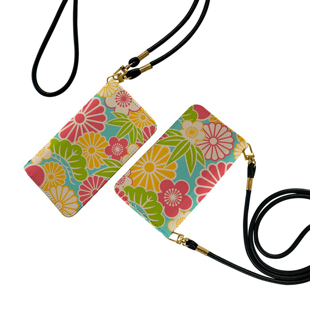 Xperia XZ2 SO-03K エクスペリア XZ2 ストラップ付き so03k ケース ショルダー スマホ 落下防止 手帳型 マグネット式 ピタッと閉まる スマホカバー 肩掛け 斜めかけ 005220 和風　和柄　花