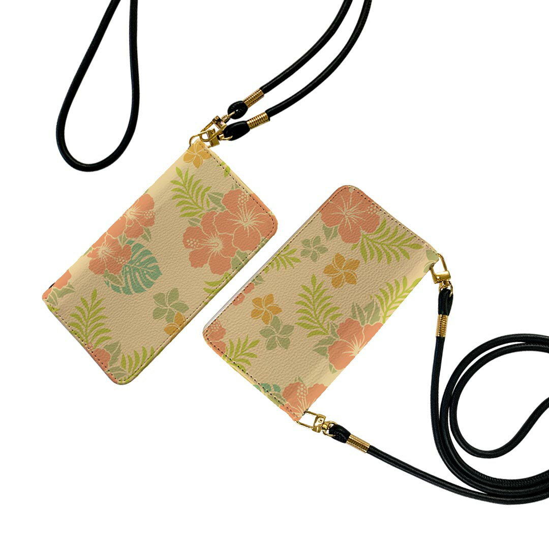 iPhone12 Pro Max 6.7インチ 専用 アイフォン12 iphone12promax 各キャリア対応 ストラップ付き ケース ショルダー スマホ 落下防止 手帳型 マグネット式 ピタッと閉まる スマホカバー 肩掛け 斜めかけ 005247 ハイビスカス　レトロ　花(2.0)