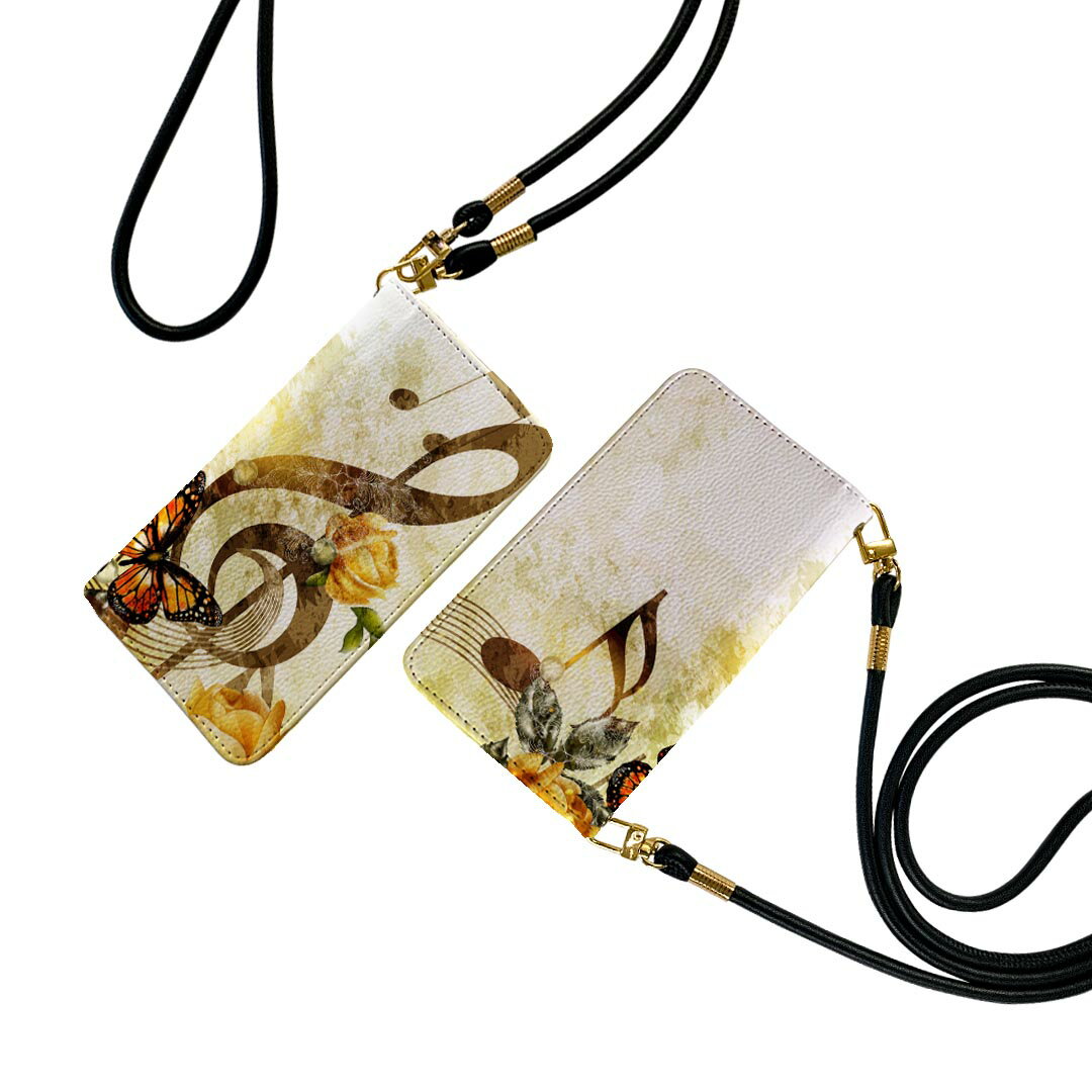 シンプルスマホ3 509SH ストラップ付き ケース ショルダー スマホ 落下防止 手帳型 マグネット式 ピタッと閉まる スマホカバー 肩掛け 斜めかけ 005254 音楽 蝶 イラスト